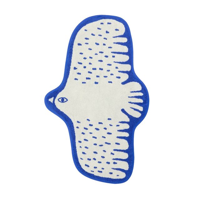 Blue and white pet toy with a fish design on a white background