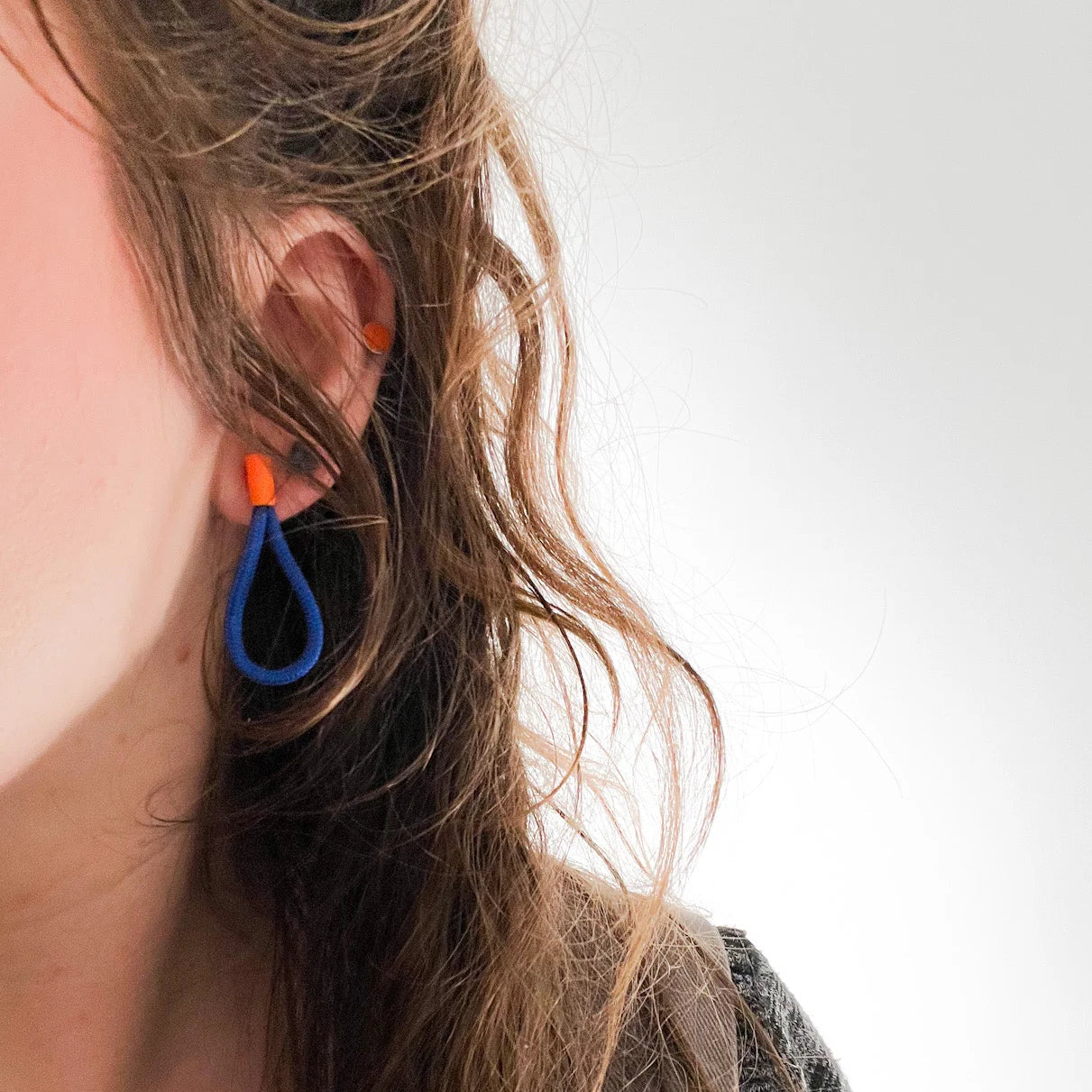 Colourful Loop Earrings - Blue Cord with Orange Post