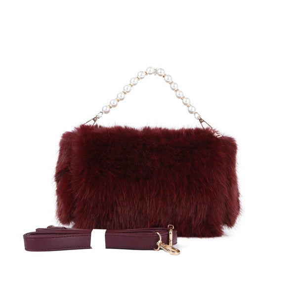 Faux Fur Clutch Bag With Peal Handle - Wine Red