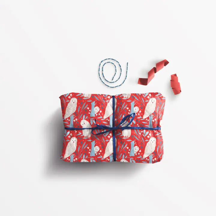 Gift wrapped in red paper featuring a repeating pattern of white owls and blue foliage.