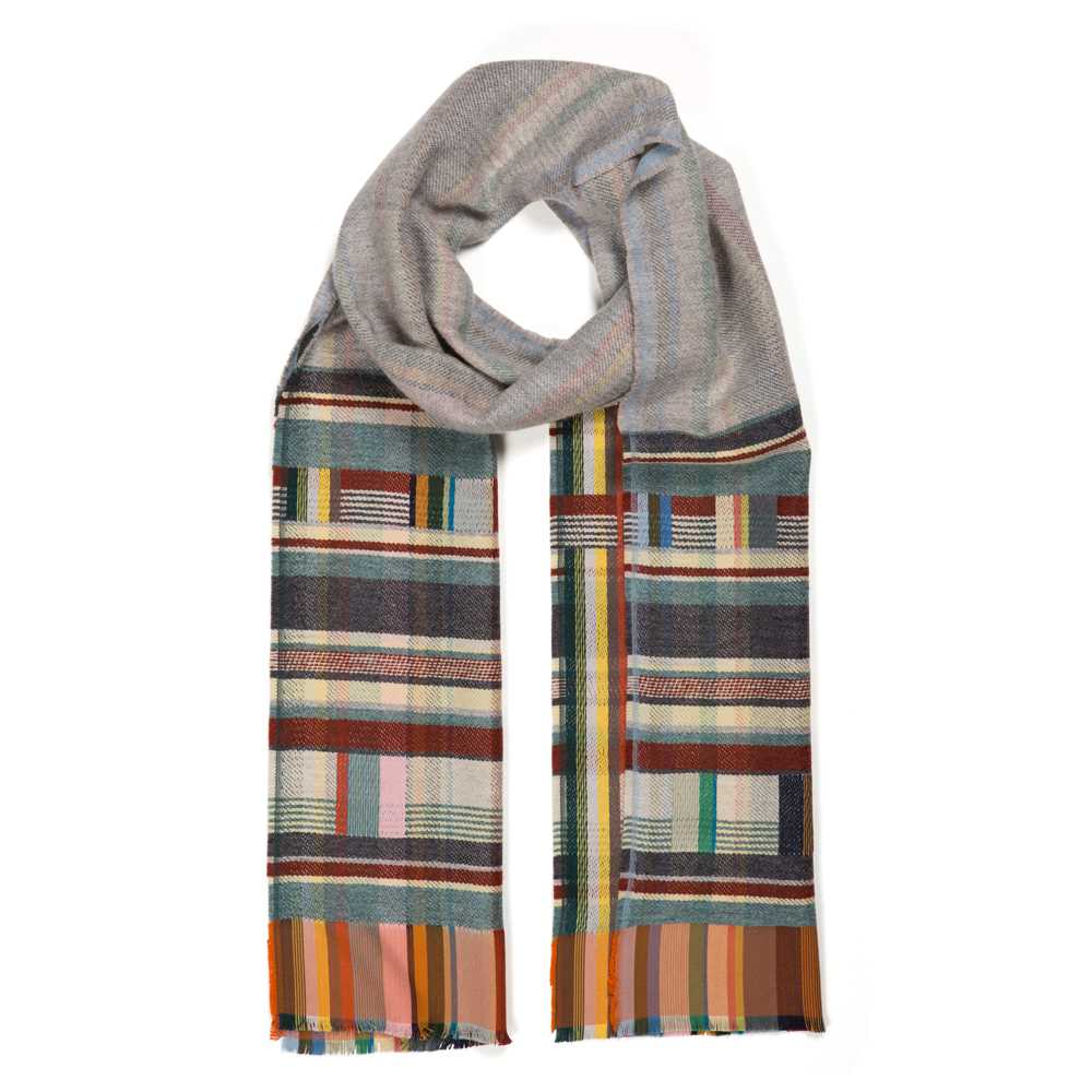 Grey and multicolored plaid scarf with a textured weave.