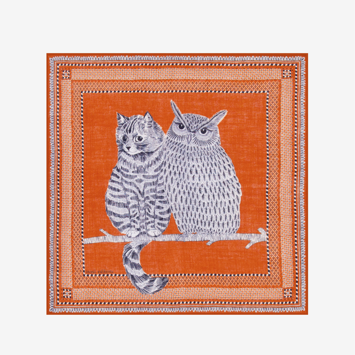 Decorative towel with cat and owl design on an orange background