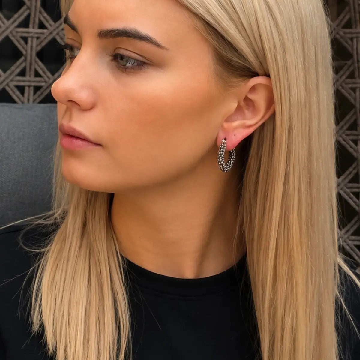 Beaded Mini Hoop Earrings - Hematite Grey