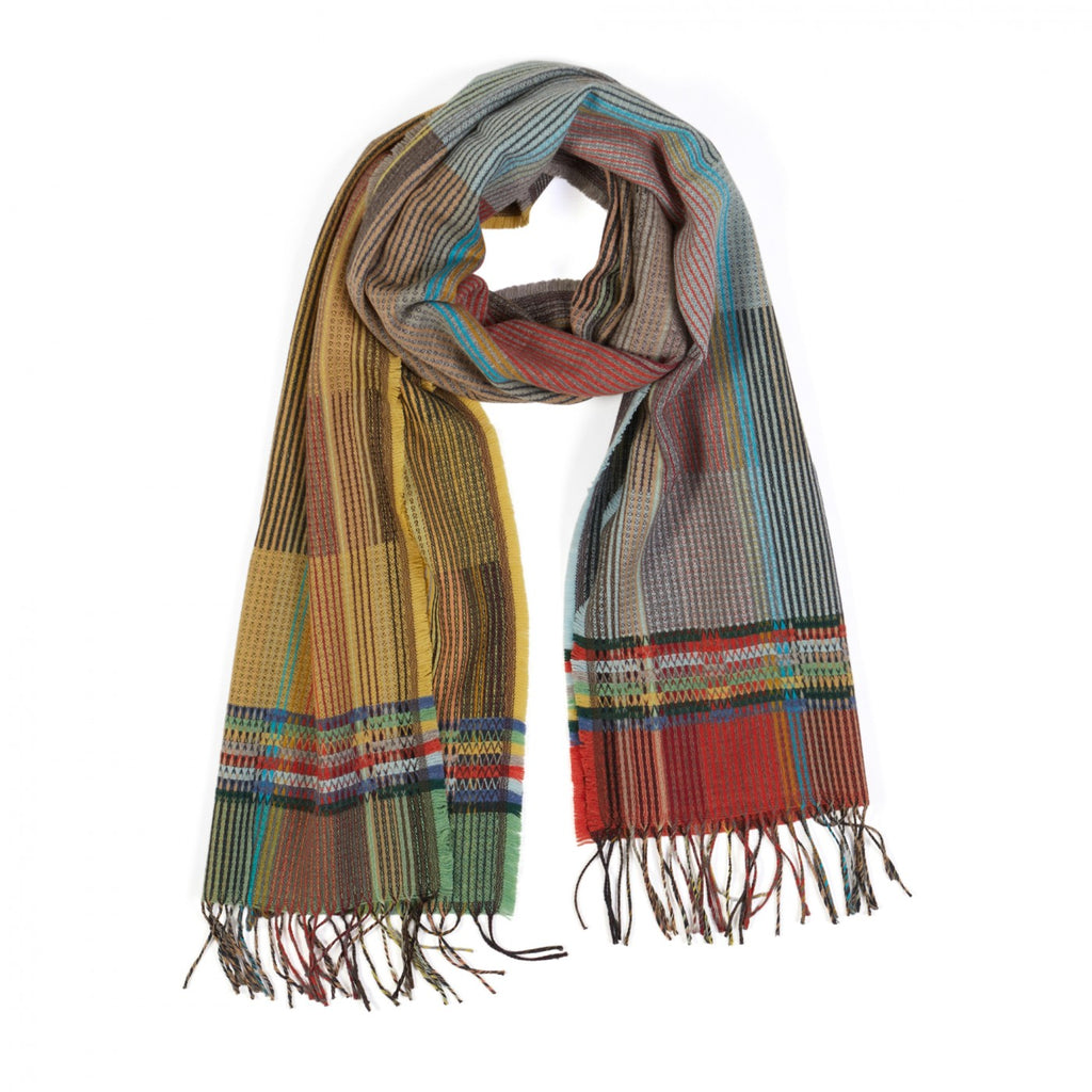 Multicolored woven scarf with a plaid pattern and fringed edges.