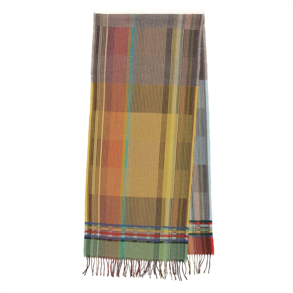 Rectangular multicolored woven scarf with a plaid pattern in shades of yellow, orange, brown, teal, and gray; features a