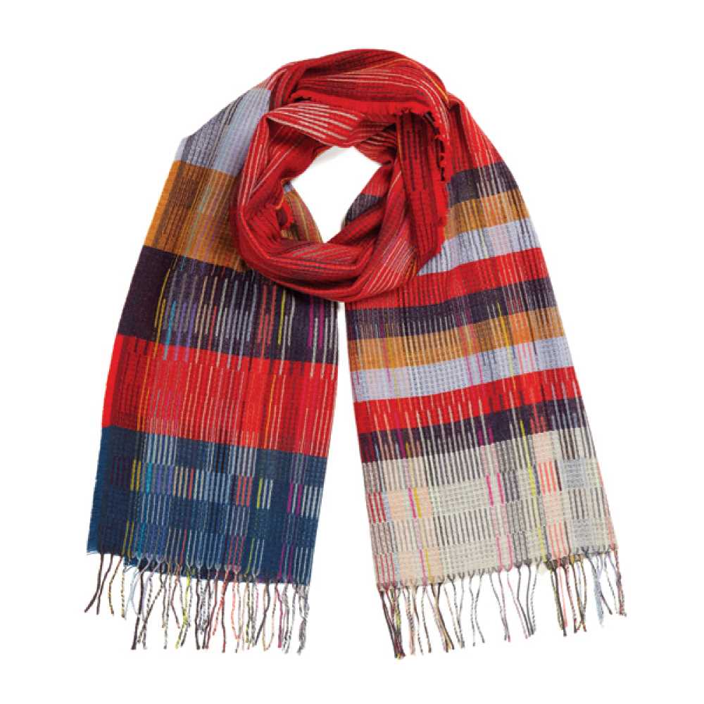 Red, blue, and beige striped scarf with multicolored accents and fringed edges.