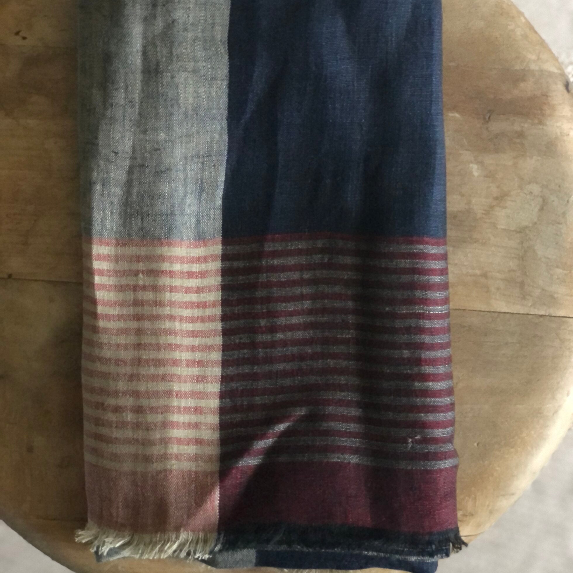 Linen Scarf - Dark Navy & Red Lines