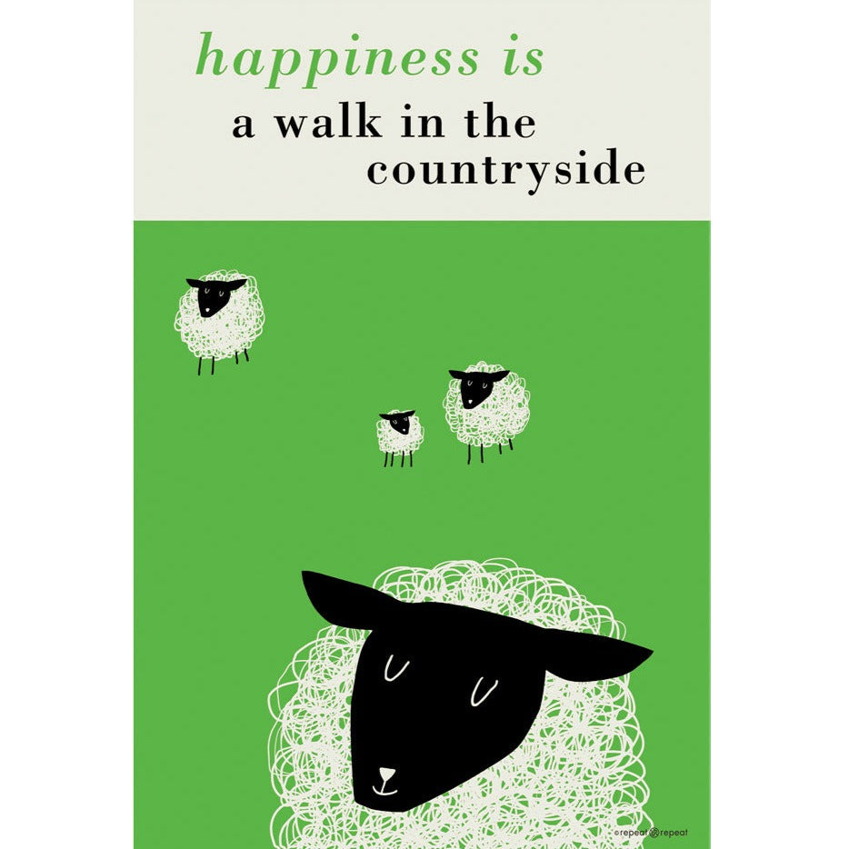 Stylized illustration of sheep on a green background; text overlay reads "happiness is a walk in the countryside".