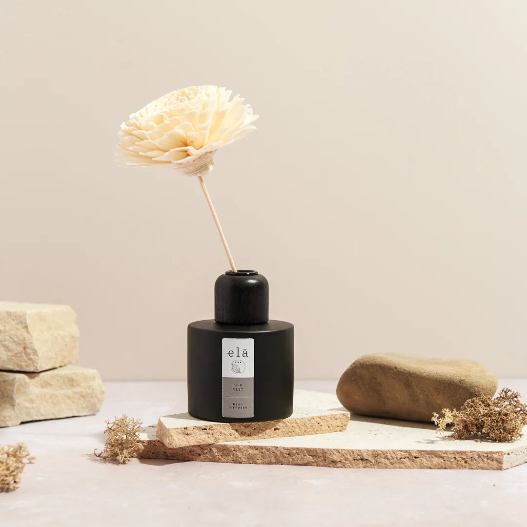 Black reed diffuser with a light beige sola wood flower on a stick.