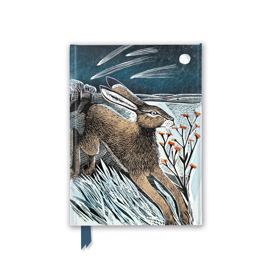Notebook with linocut illustration of a hare running across a moonlit landscape under a meteor shower.