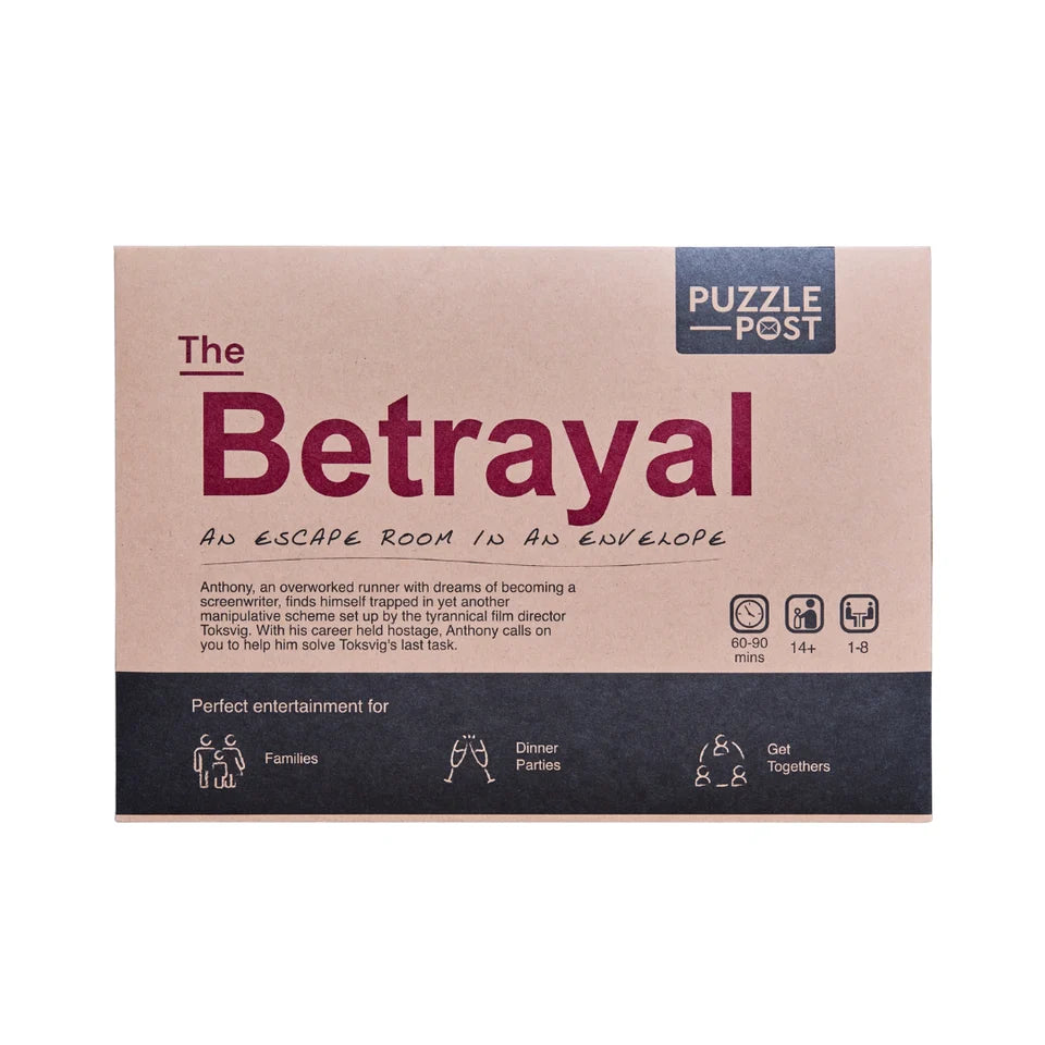 Box of 'The Betrayal' game by Puzzle Post on a white background