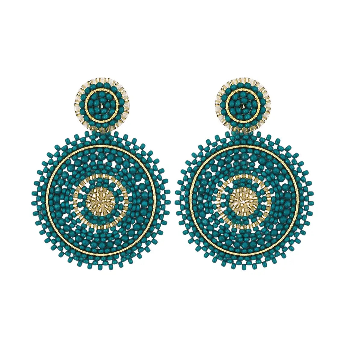 Beaded Circle Drop Earrings - Teal & Gold