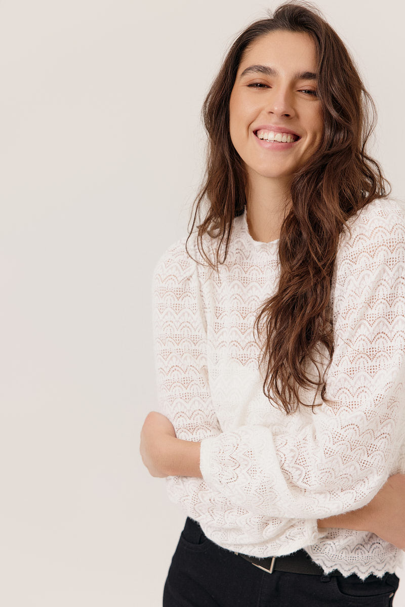 Woman wearing a white lace top against a plain background