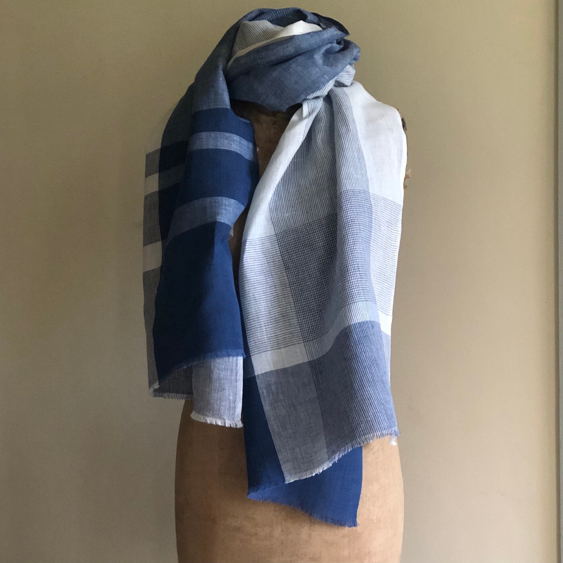 Linen Scarf - Blue & Ivory