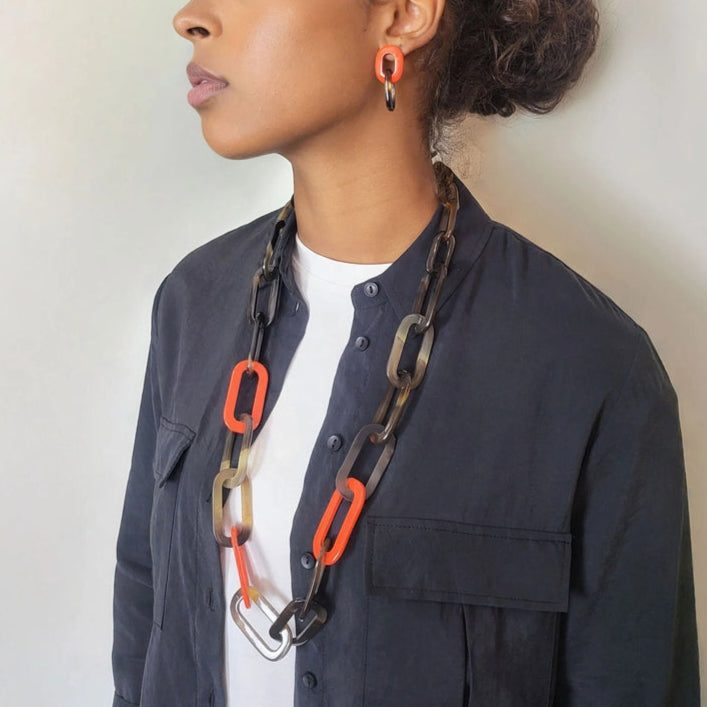 Long Link Horn Necklace - Orange & Brown