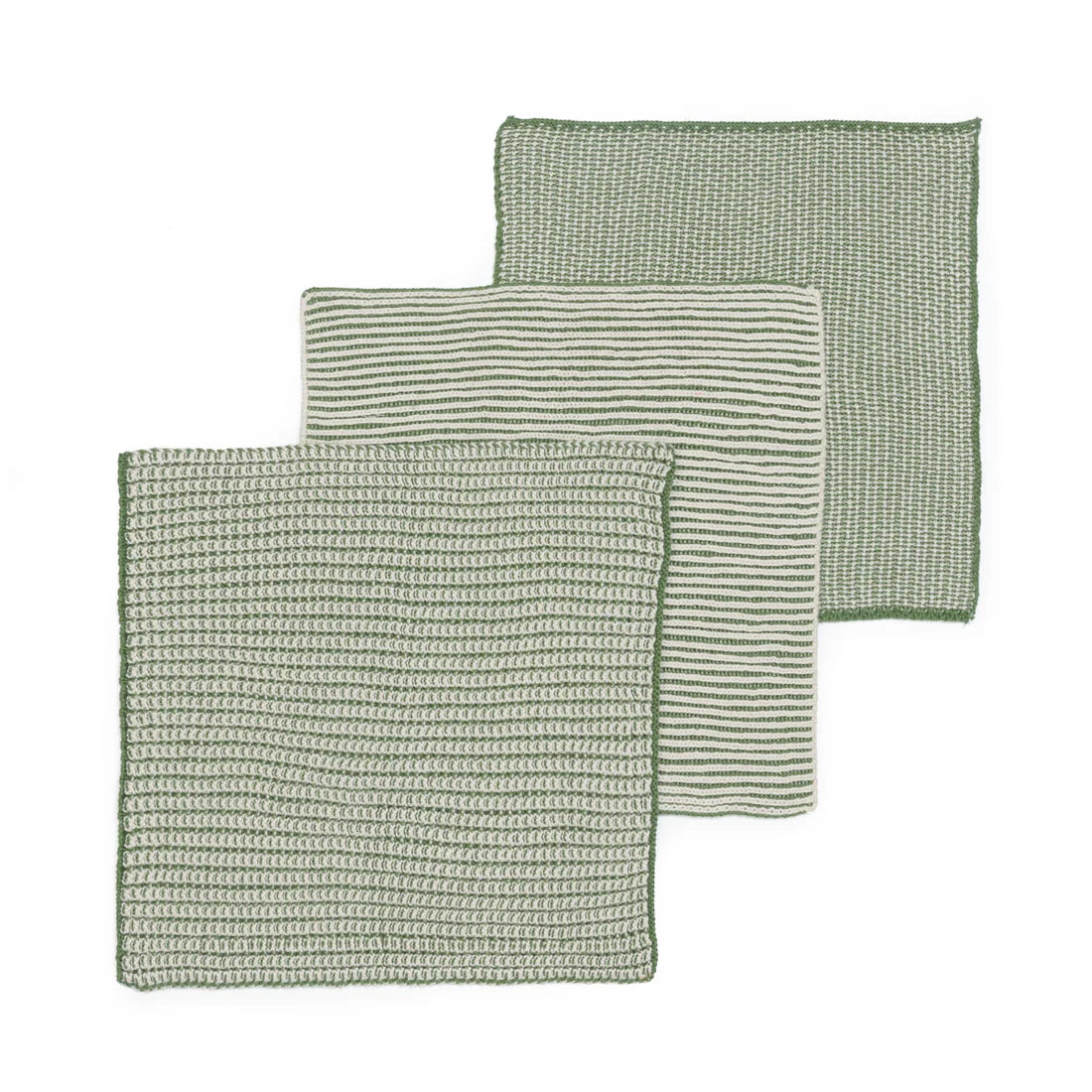 Three green textured cloths on a white background