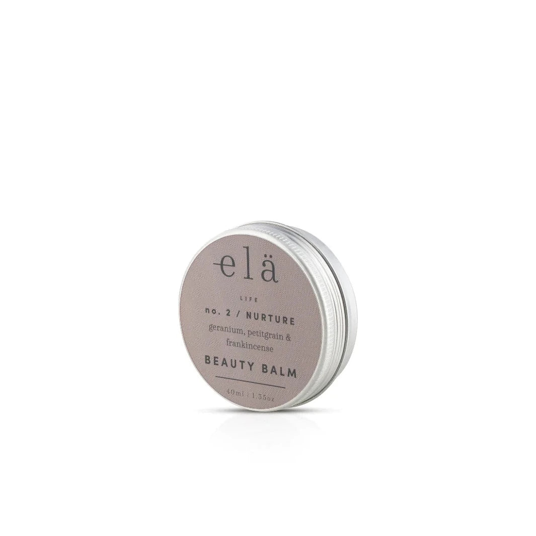 elä Life No. 2 Nurture Beauty Balm in a silver tin.  Contains geranium, petitgrain & frankincense. 40ml/1.35oz.