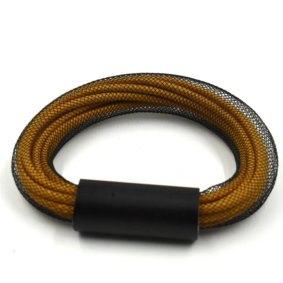 A braided cable loop with a black center core and a black outer mesh sheath, wrapped in a gold braid, shown on a plain white background.