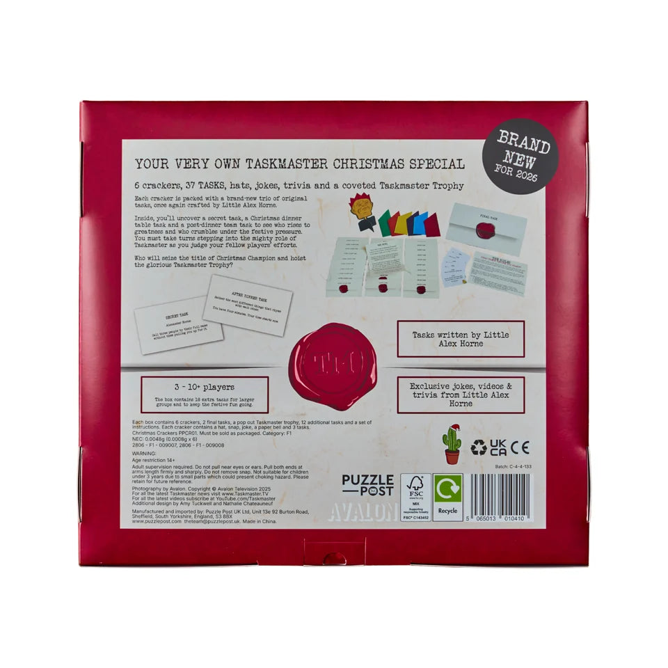 The back of a red Puzzle Post 'Your Very Own Taskmaster Christmas Special' box, showing product details, player counts, and branding on a white background.