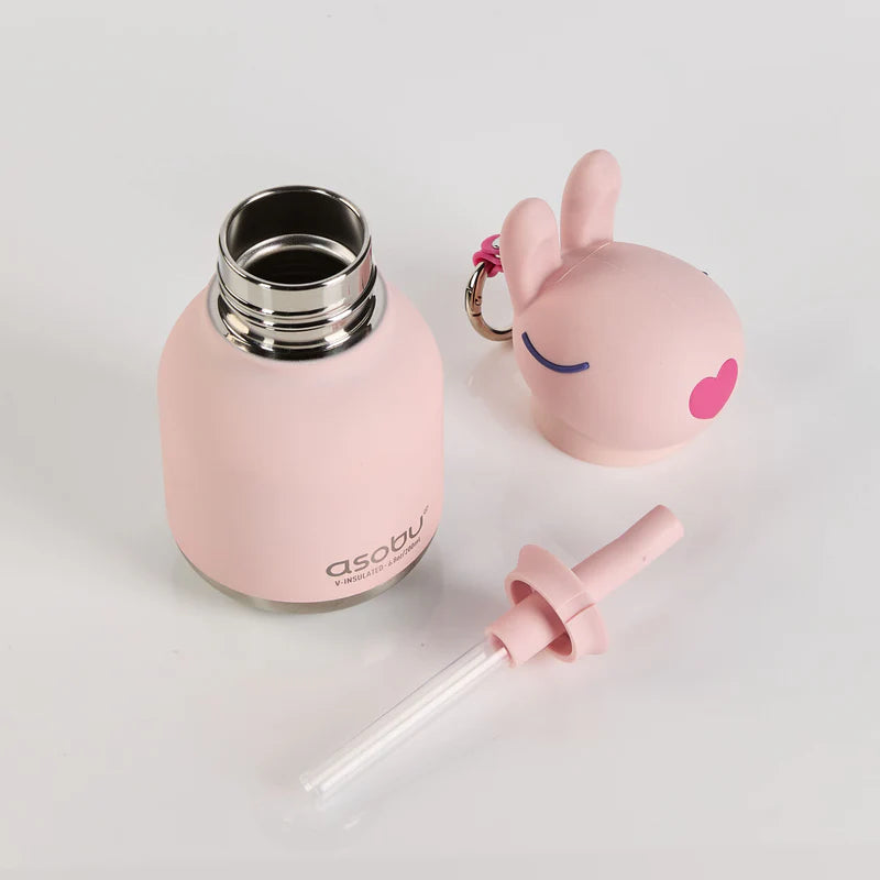 Pink water bottle with a bunny-shaped lid and straw on a light gray background