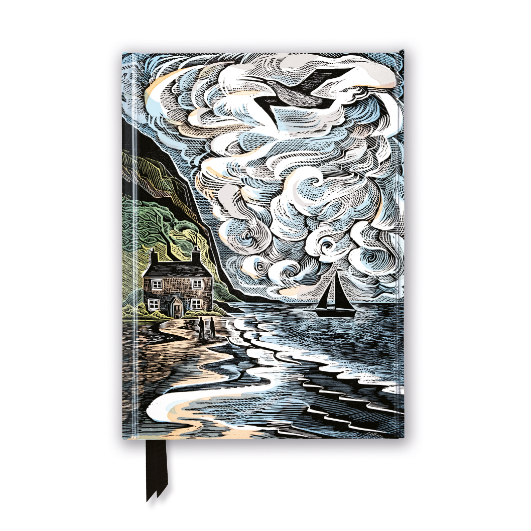 Notebook cover featuring an illustrated coastal scene with a house, sailboat, and dramatic cloudscape in a hand-drawn style.