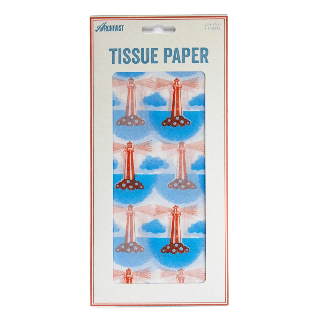 Packaged tissue paper with a design of a lighthouse and clouds on a white background.