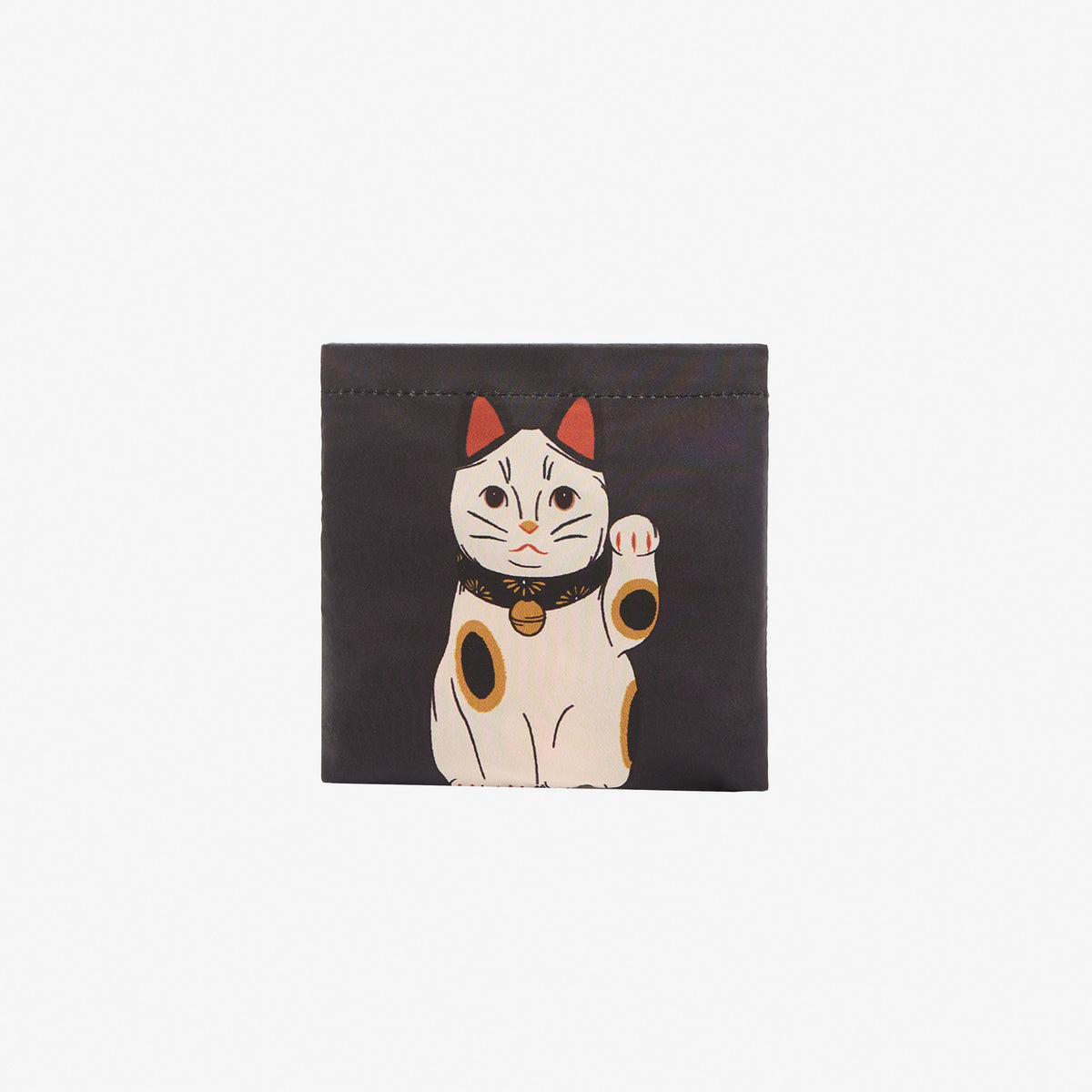 A black leather bifold wallet featuring a printed illustration of a white Maneki-neko (lucky cat) with red ears and a raised paw, set against a plain white background.