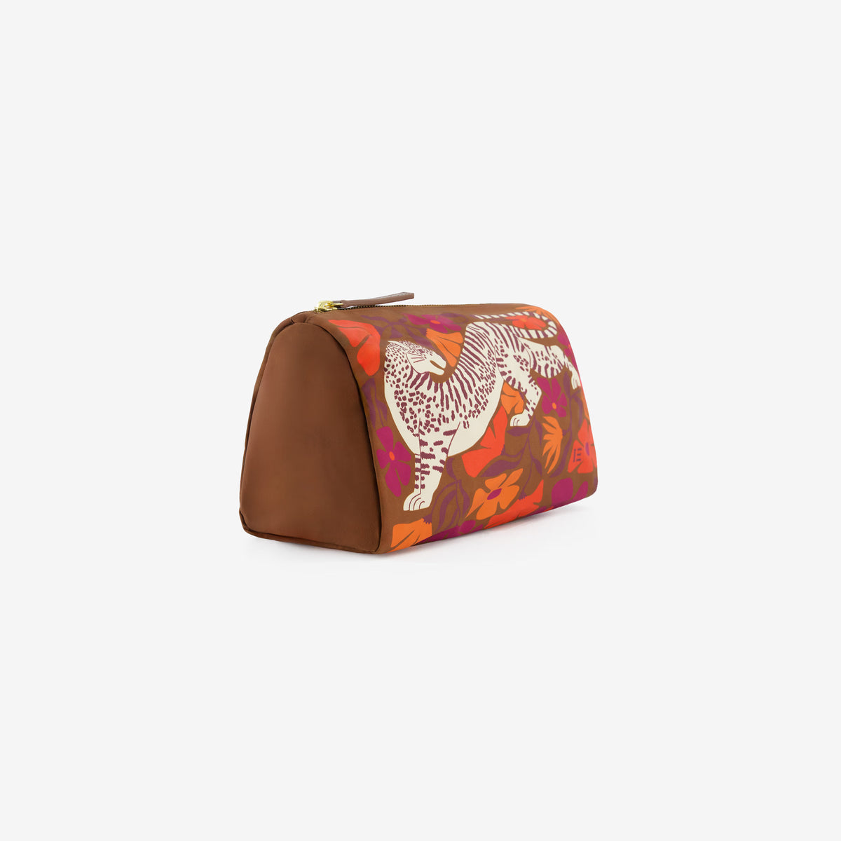 A brown cosmetic pouch featuring a colorful print of a white tiger and orange, red, and pink floral motifs on the front, with a brown leather-like side panel and a gold-tone zipper.