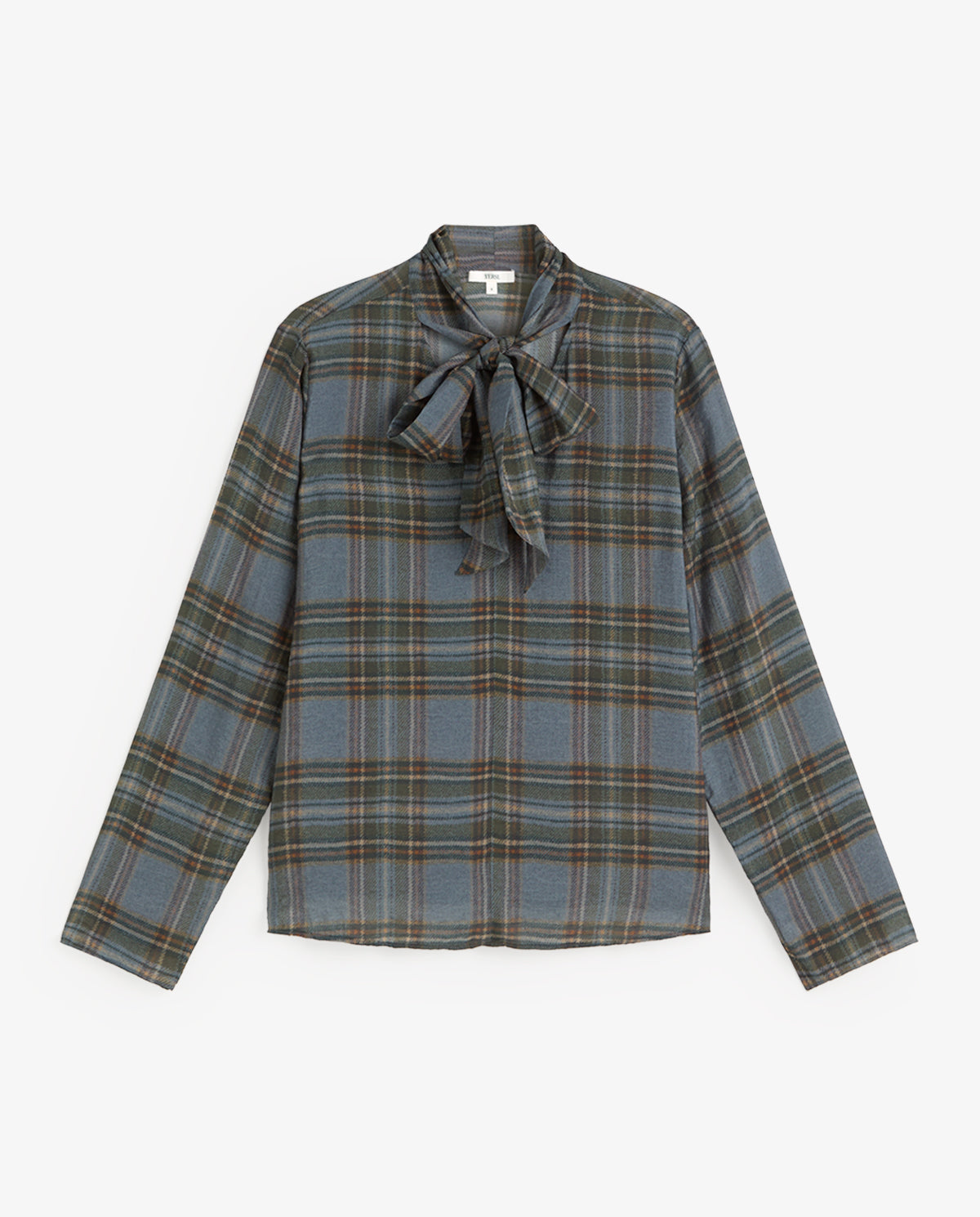 A long-sleeve plaid blouse in slate blue with brown and green lines, featuring a tie-neck detail, shown flat on a light gray background.