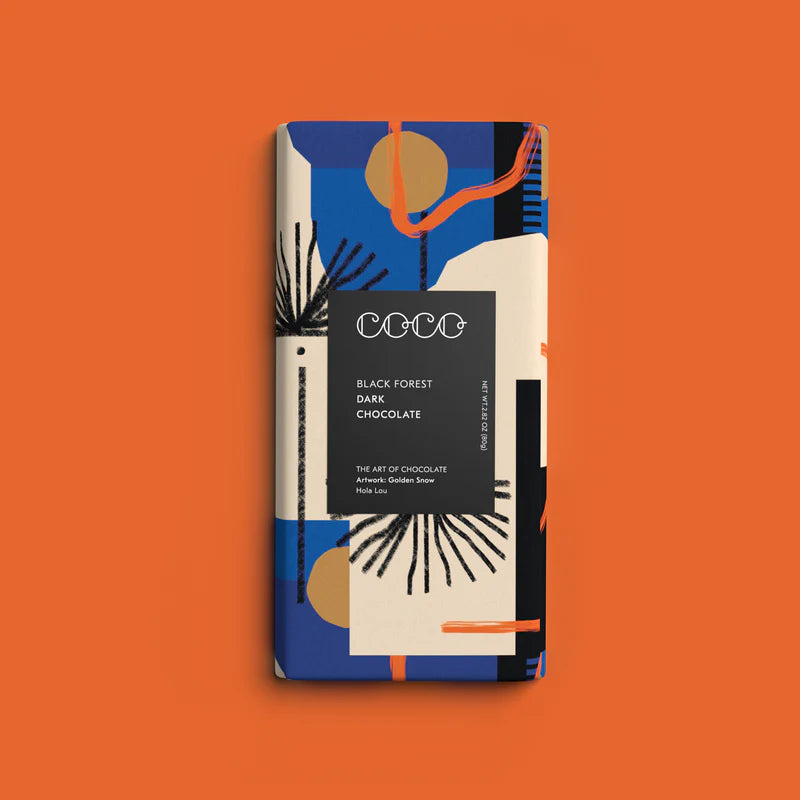 Black Forest dark chocolate bar with abstract blue, orange, and beige artwork on the packaging.