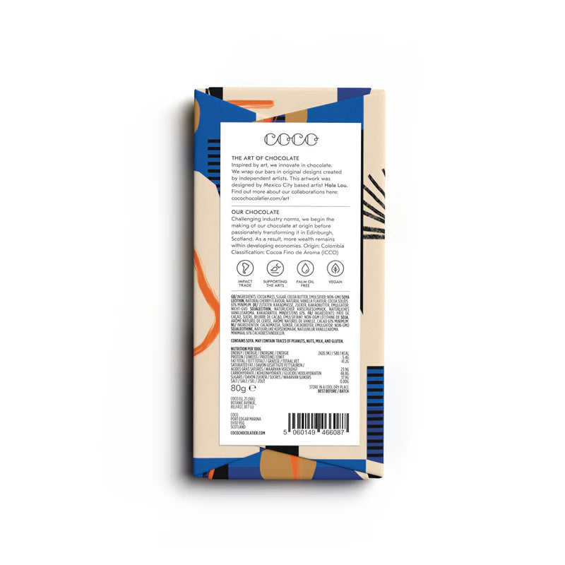 80g bar of Coco Chocolatier chocolate;  artwork by Hola Lou;  ingredients include cocoa mass, sugar, cocoa butter;  vegan,
