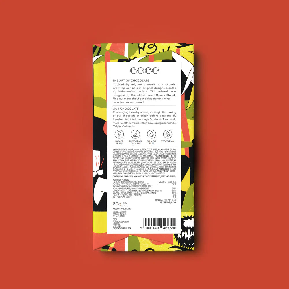 Chocolate bar packaging with colorful design on a red background
