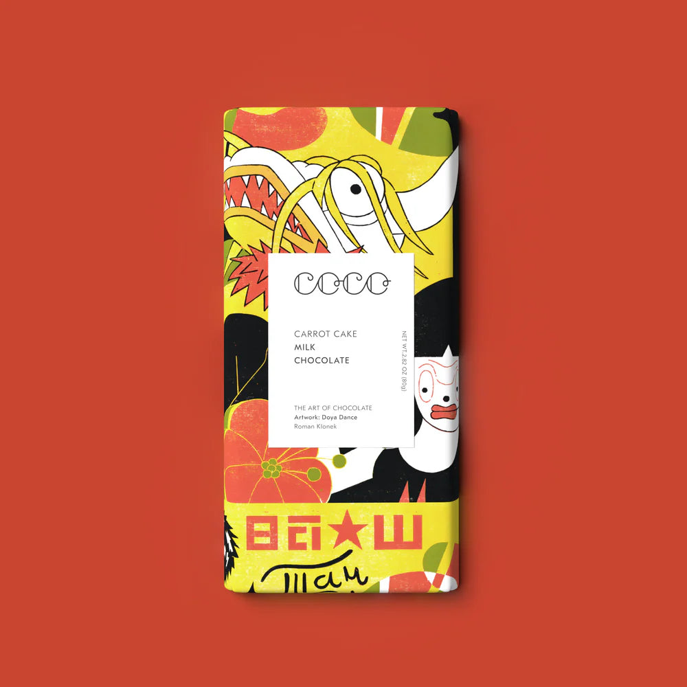 Chocolate bar packaging with colorful design on a red background