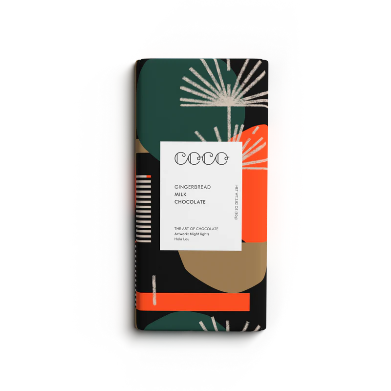 COCO Gingerbread Milk Chocolate bar.  Abstract artwork in orange, green, and beige on dark background.  Net wt 2.82 oz (80g).