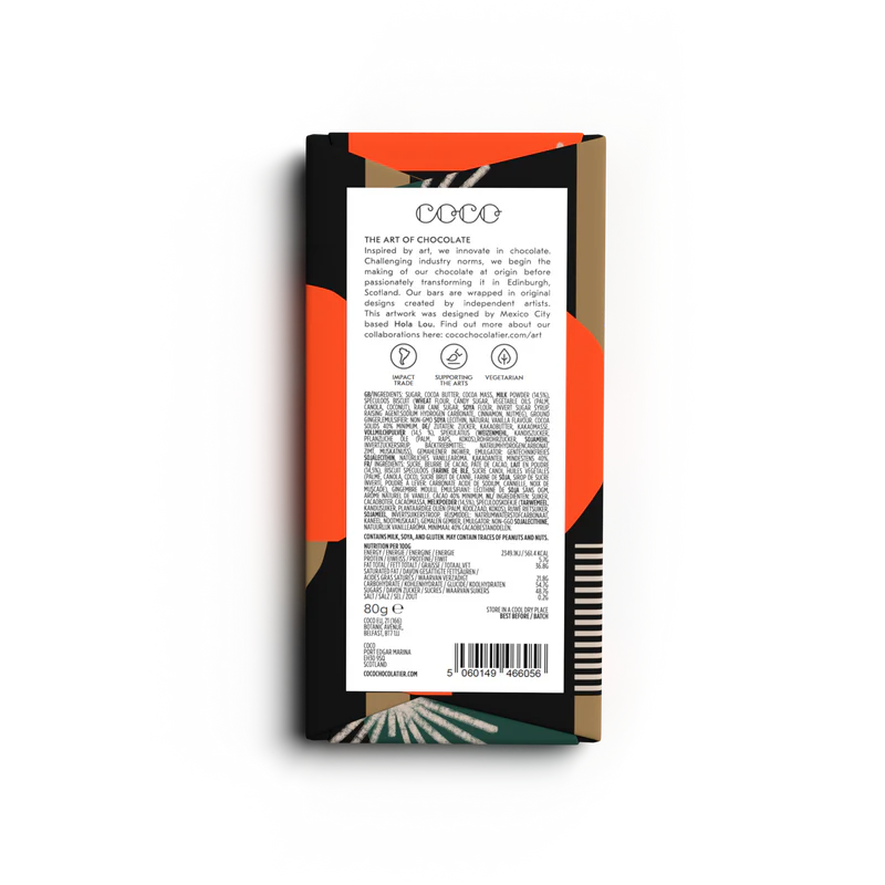 COCO chocolate bar, 80g.  Artwork by Hola Lou. Ingredients include cocoa butter, cocoa mass, milk powder, and sugar.