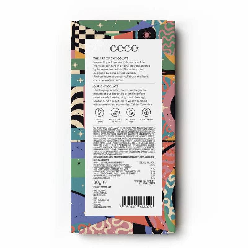 COCO chocolate bar, 80g, colorful artwork wrapper,  ingredients and nutritional information listed.