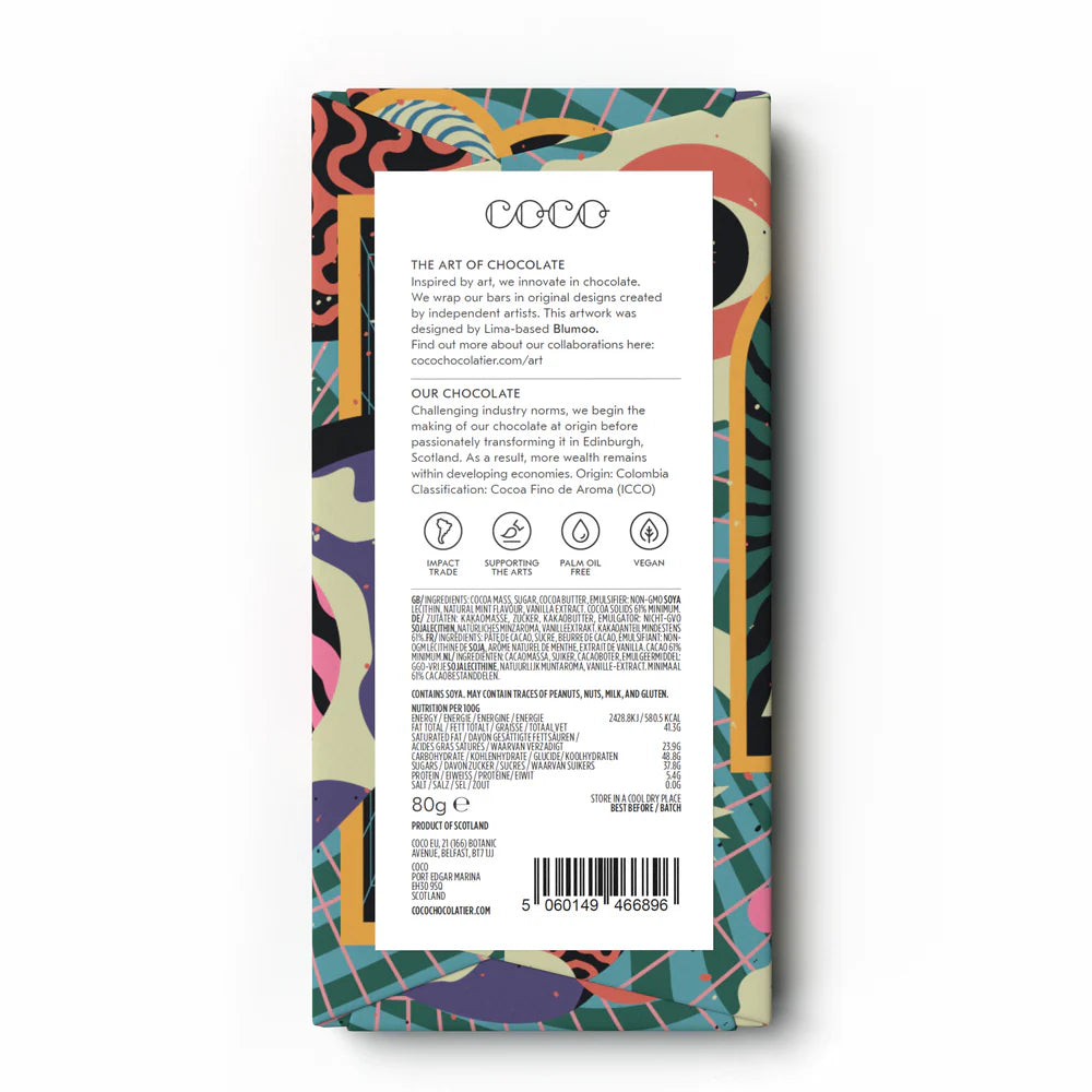 80g COCO chocolate bar, featuring vibrant artwork and detailed ingredient/nutrition information.