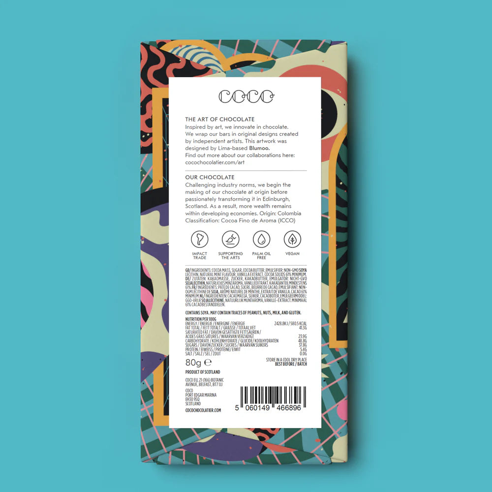 80g vegan chocolate bar with colorful abstract art packaging.