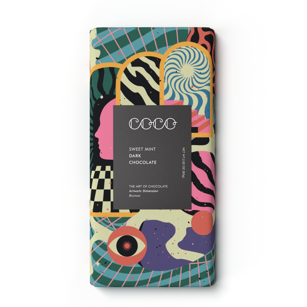 Sweet mint dark chocolate bar with colorful abstract artwork; 2.82 oz (80g).