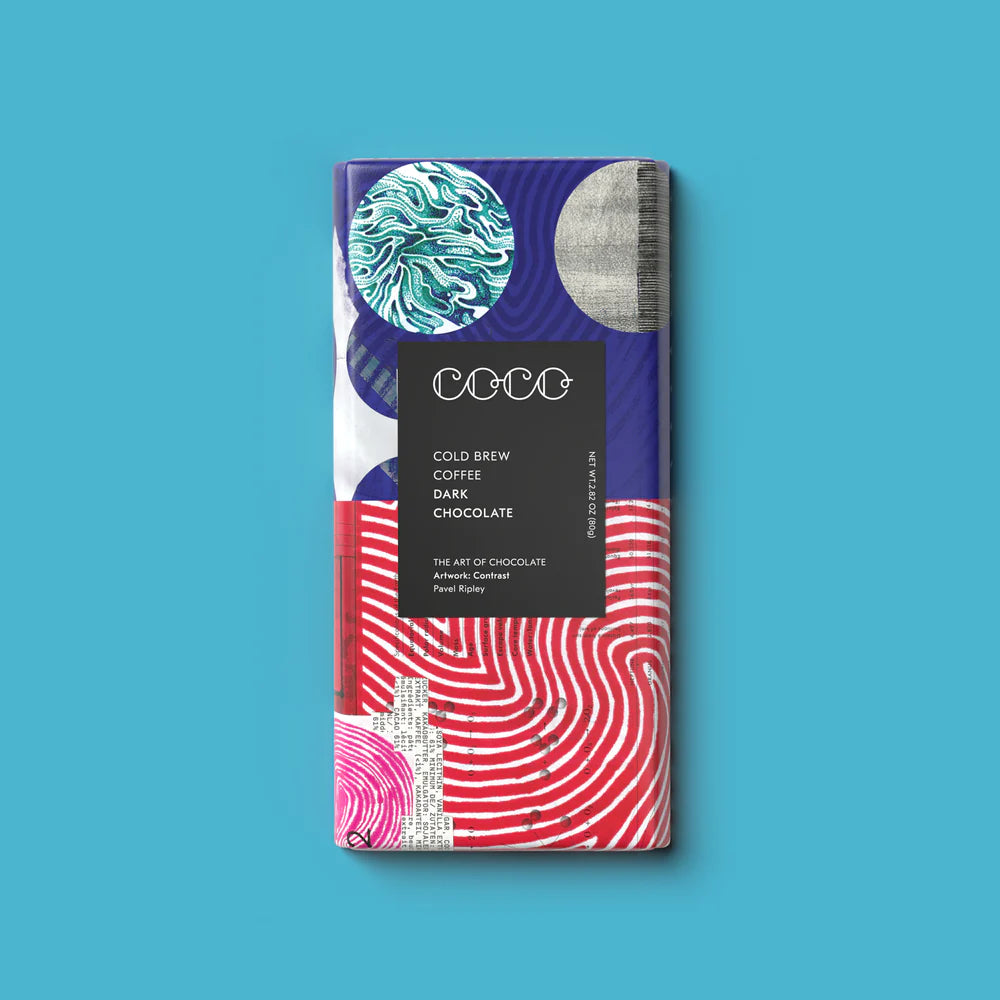 Cold brew coffee dark chocolate bar with abstract artwork in red, blue, and teal.