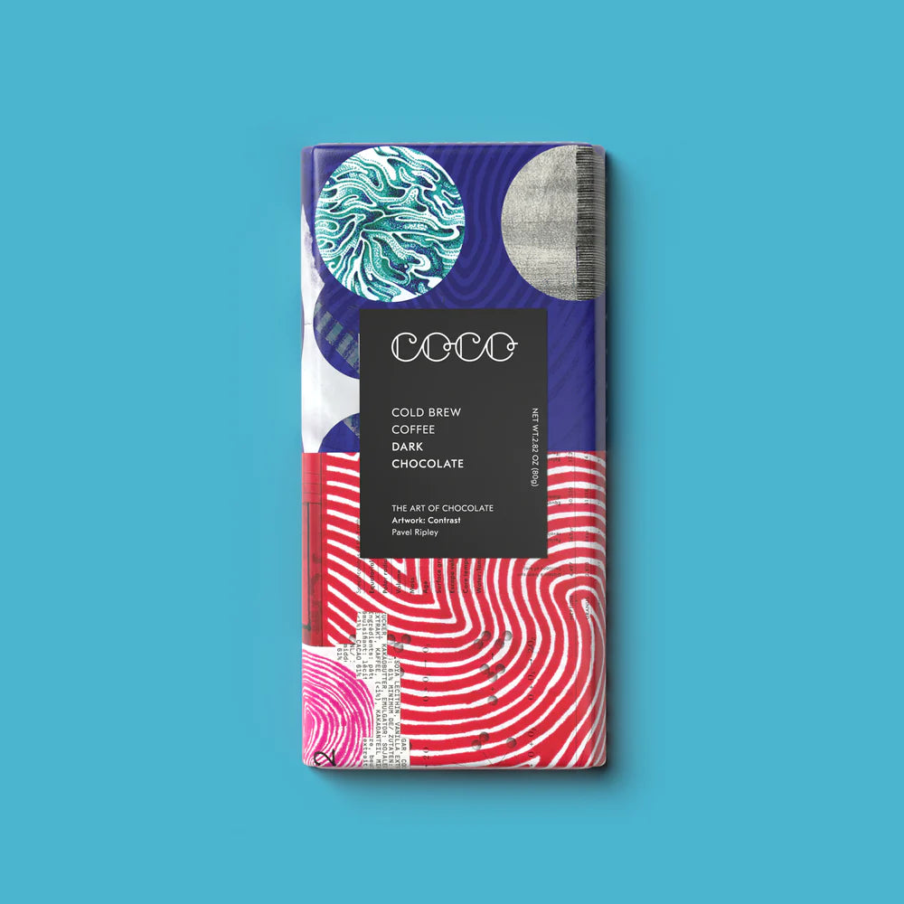 front label of a bar of Cold Brew Coffee Dark Chocolate by CoCo Chocolatier, Scotland.