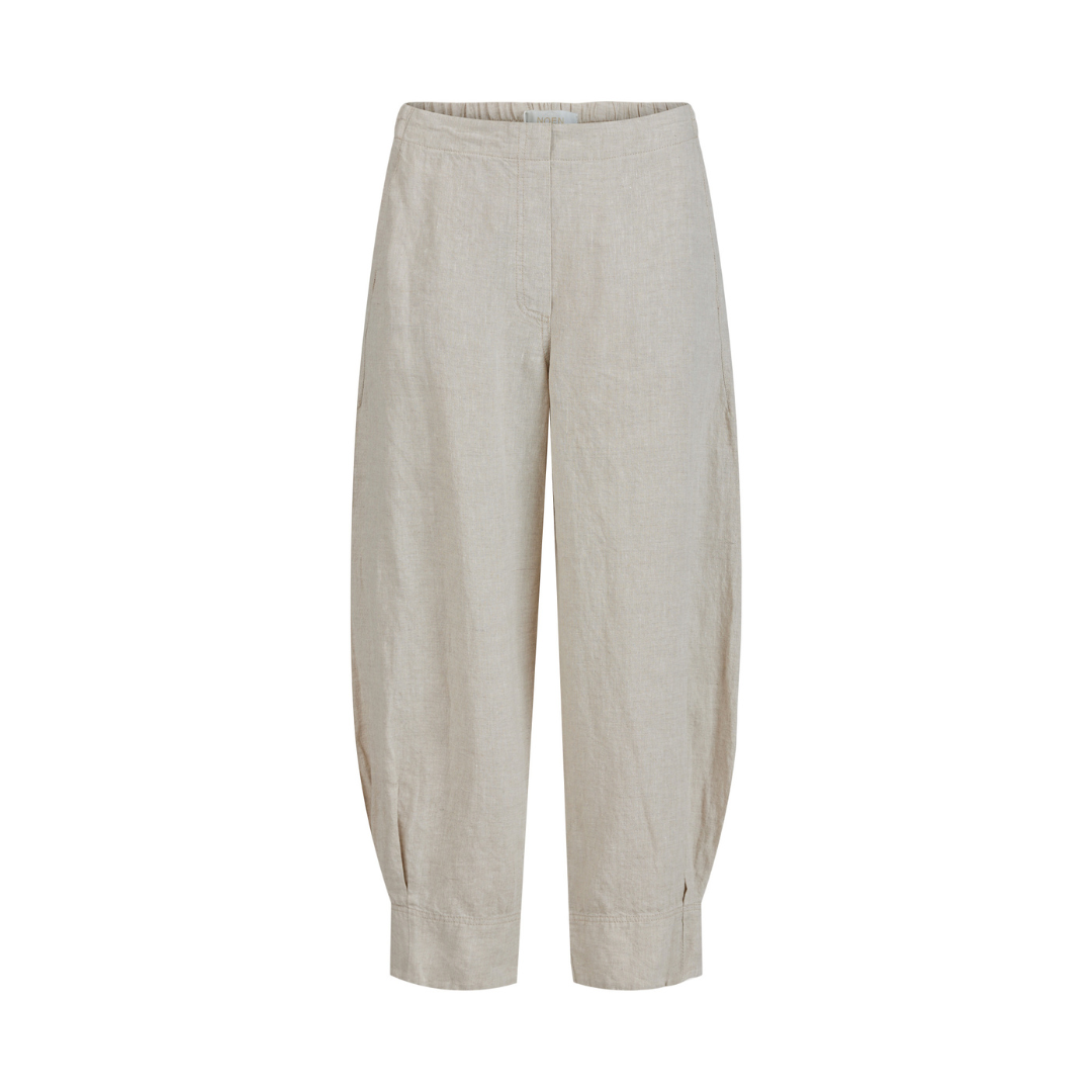 Beige linen cropped pants with a relaxed fit and cuffed hems.