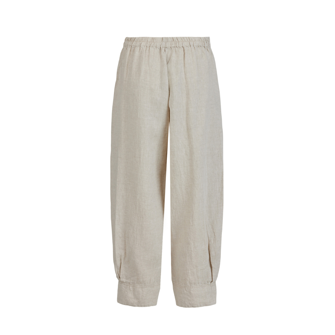 Beige linen cropped pants with elastic waistband and cuffed hems.