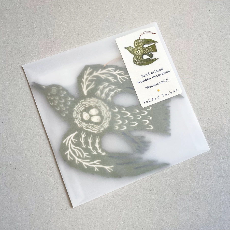 Screenprinted Wooden Decoration - Olive Green Bird