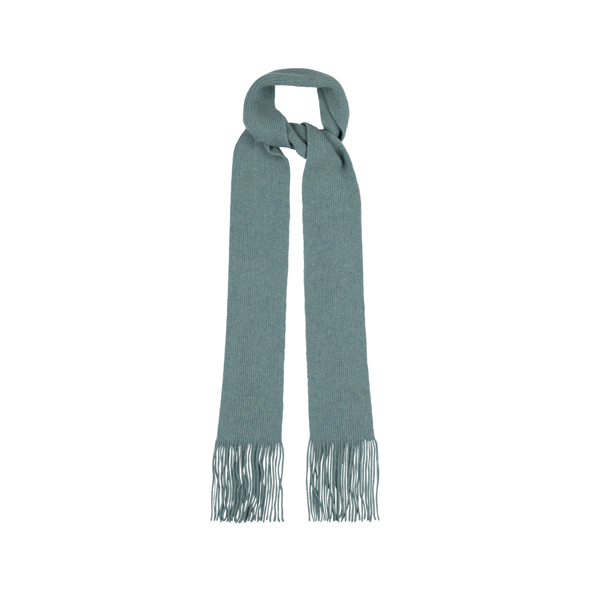 A dusty sage green knit scarf with fringed ends, neatly folded and displayed against a solid white background.