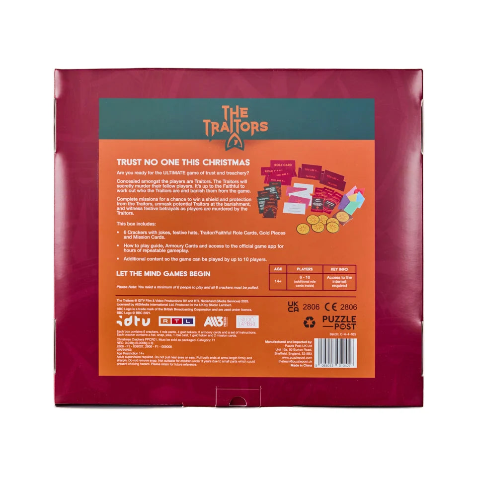 The back of the retail packaging for 'The Traitors' card game, featuring a dark red outer sleeve with a large orange and teal back panel displaying rules, included items, and logos.