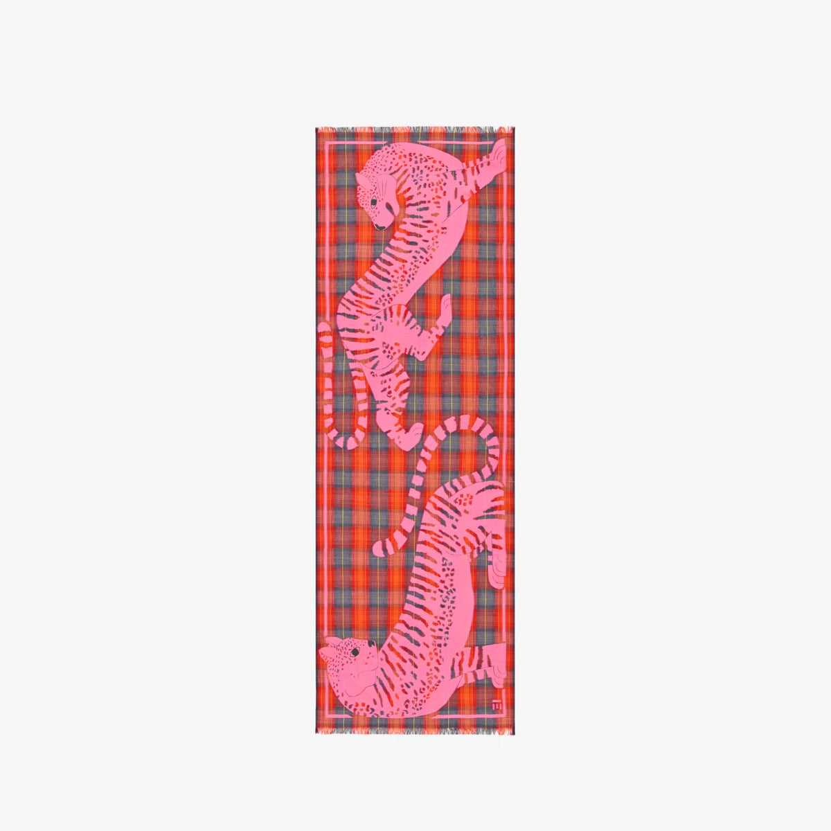 A rectangular scarf featuring a red and blue plaid pattern with two large pink tigers printed vertically, shown against a plain light gray background.