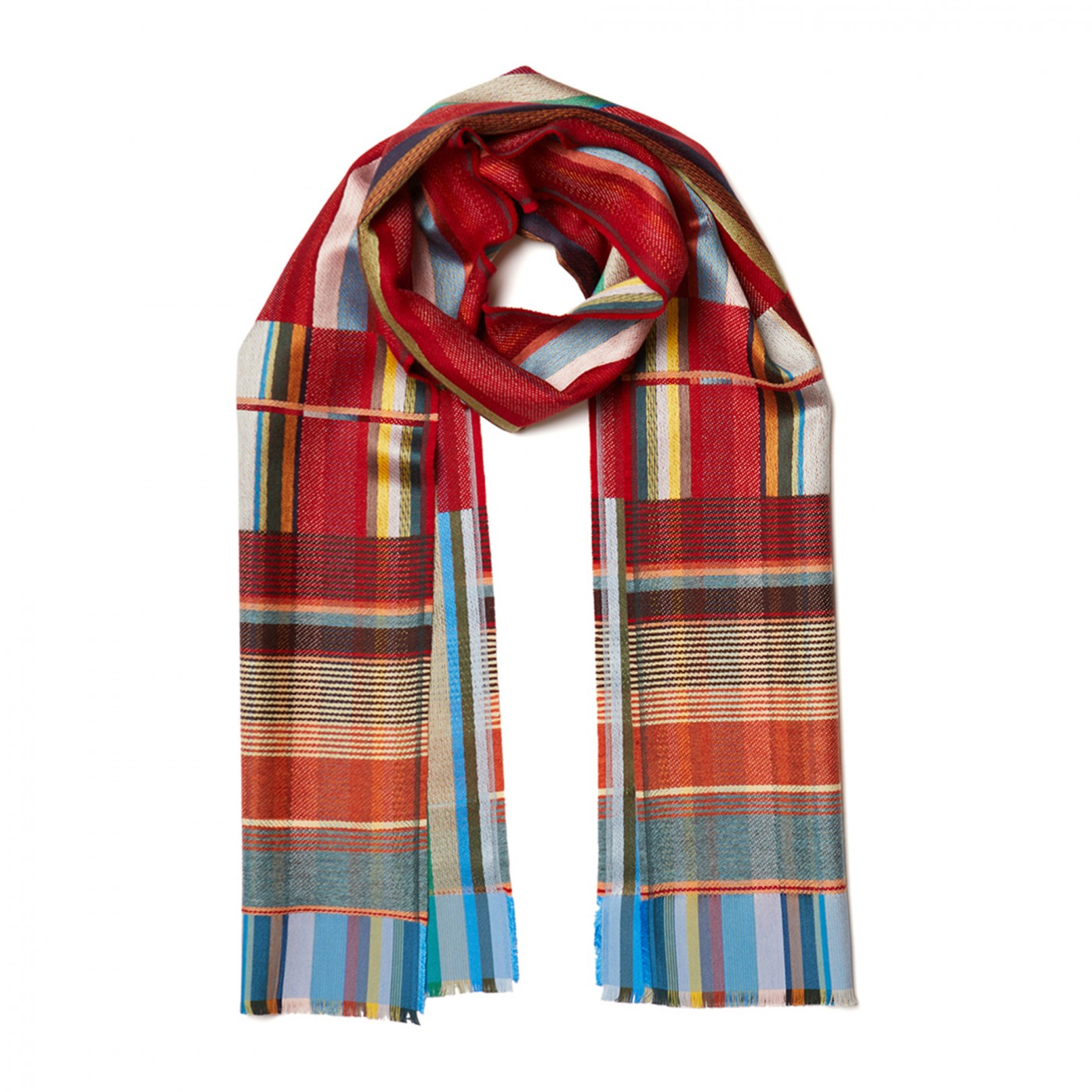Red, orange, and blue plaid scarf with a fringed edge.