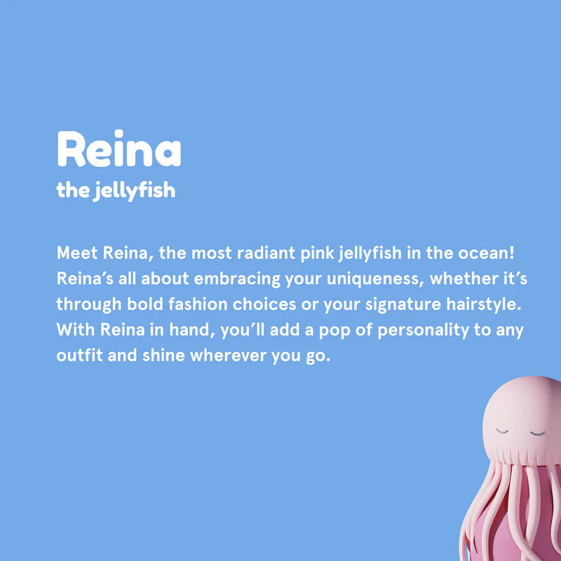 Pink jellyfish toy with text about Reina on a blue background