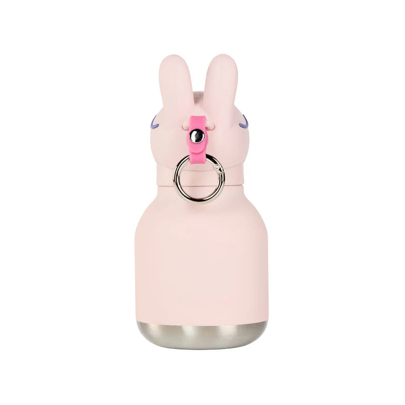 Pink bunny-shaped water bottle with a keychain on a white background